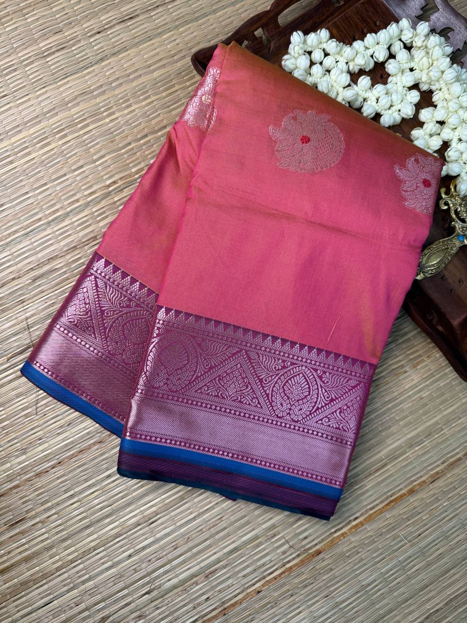 Pink Semi-Silk Saree with Silver Zari Motifs