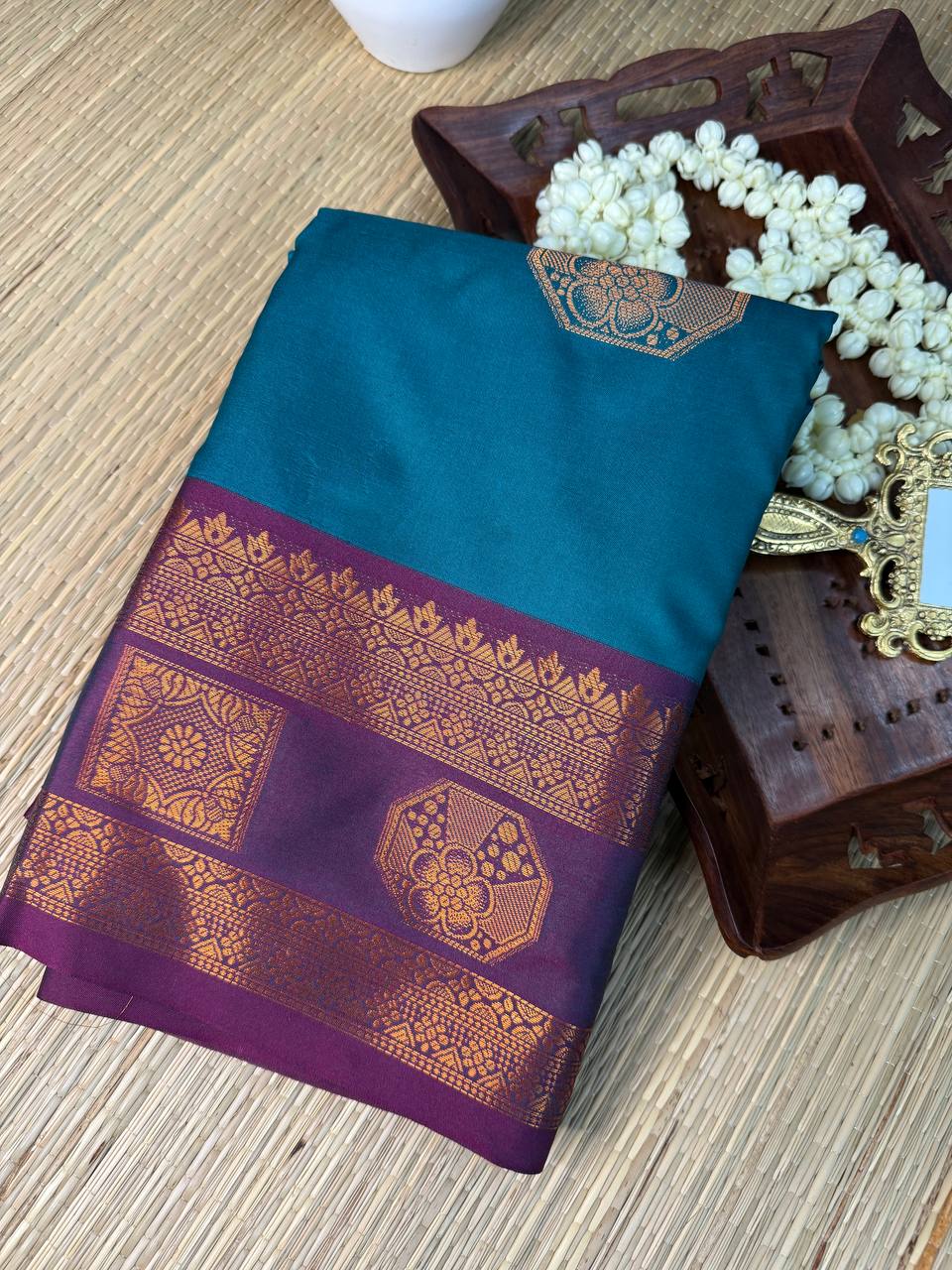 Teal Semi-Silk Saree with Purple Stripes and copper Zari Border