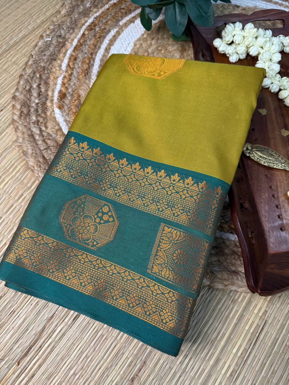 Mustard Yellow Semi-Silk Saree with Teal Green Zari Border