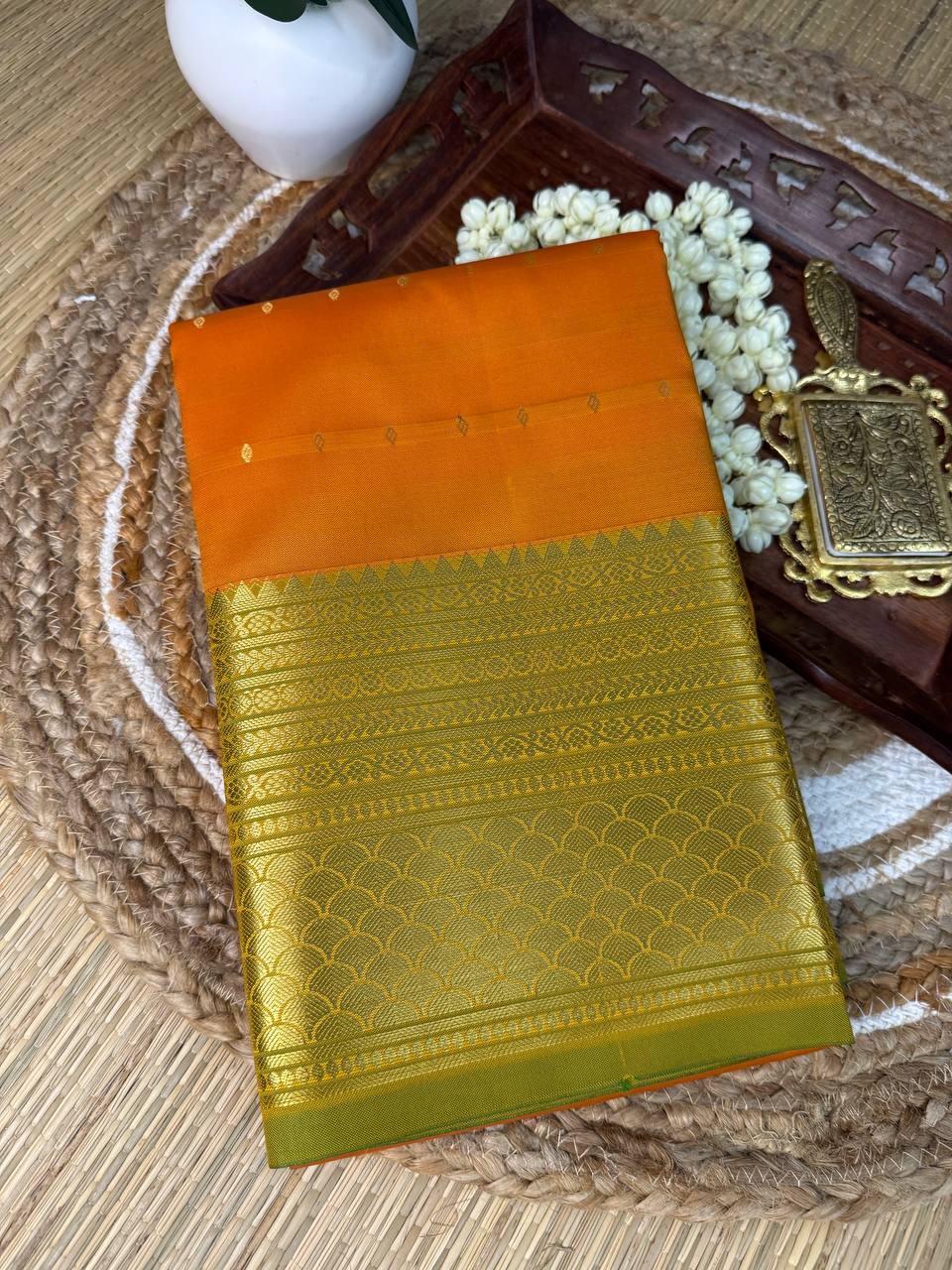 Semi Silk Yellow Saree with Golden Zari Border and Buti Motifs