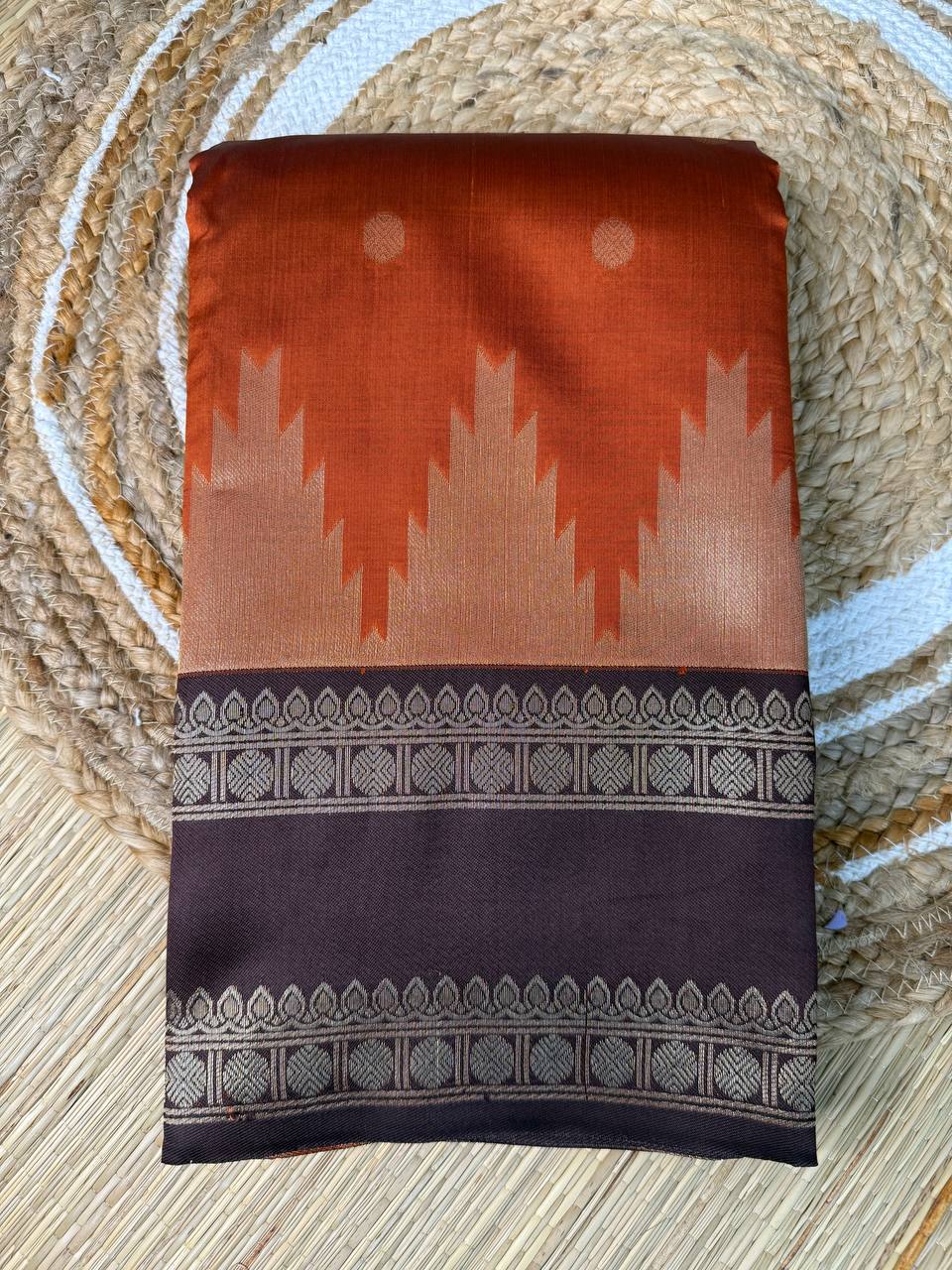 Rust Orange Semi-Silk Saree with Temple Border