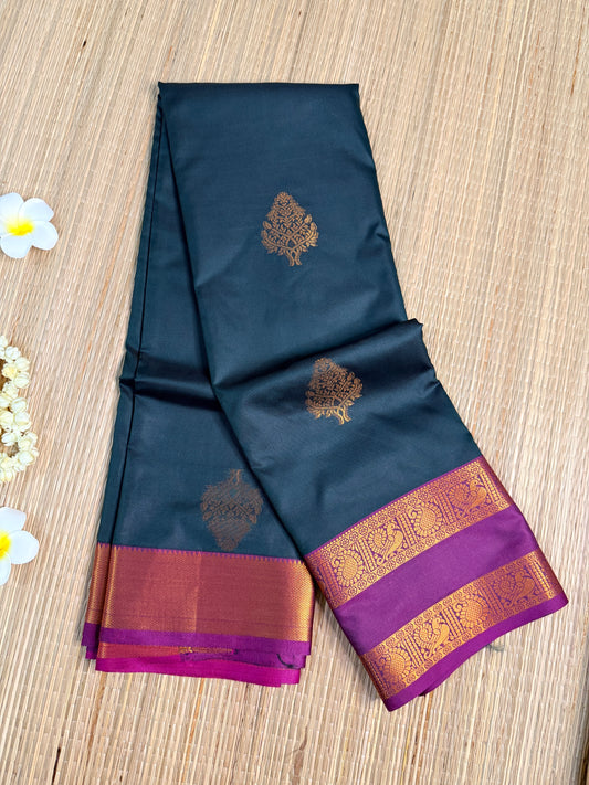 Deep Teal Semi Silk Saree with Gold Zari Butta & Purple Contrast Pallu