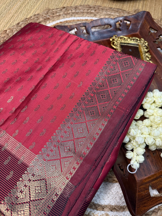 Semi Silk Saree – Rose Pink with Allover Silver Zari Buttas & Maroon Border