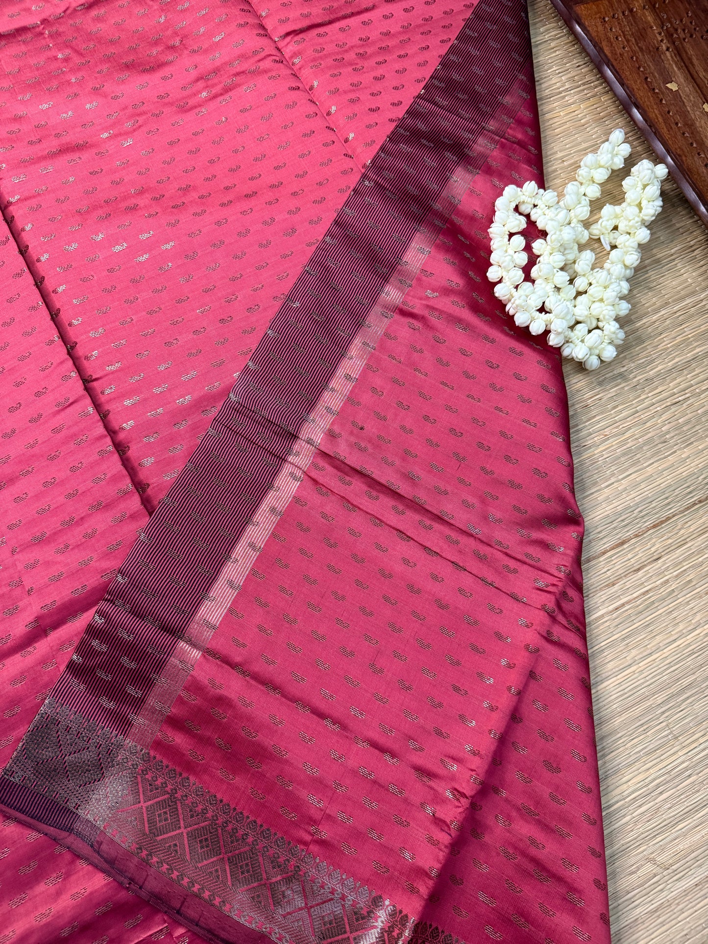Semi Silk Saree – Rose Pink with Allover Silver Zari Buttas & Maroon Border
