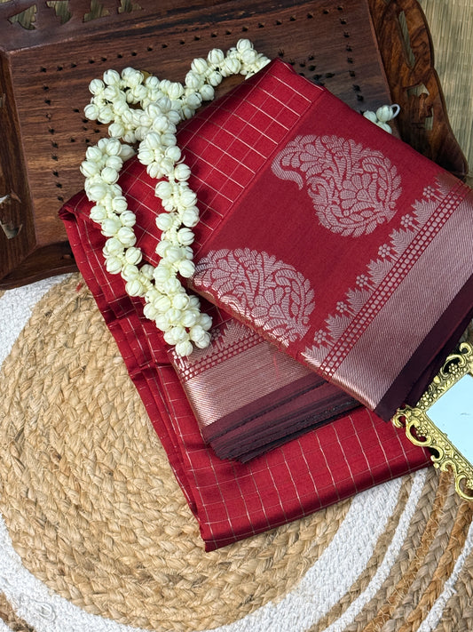 Semi Silk Saree – Deep Red with Silver Zari Peacock Motifs