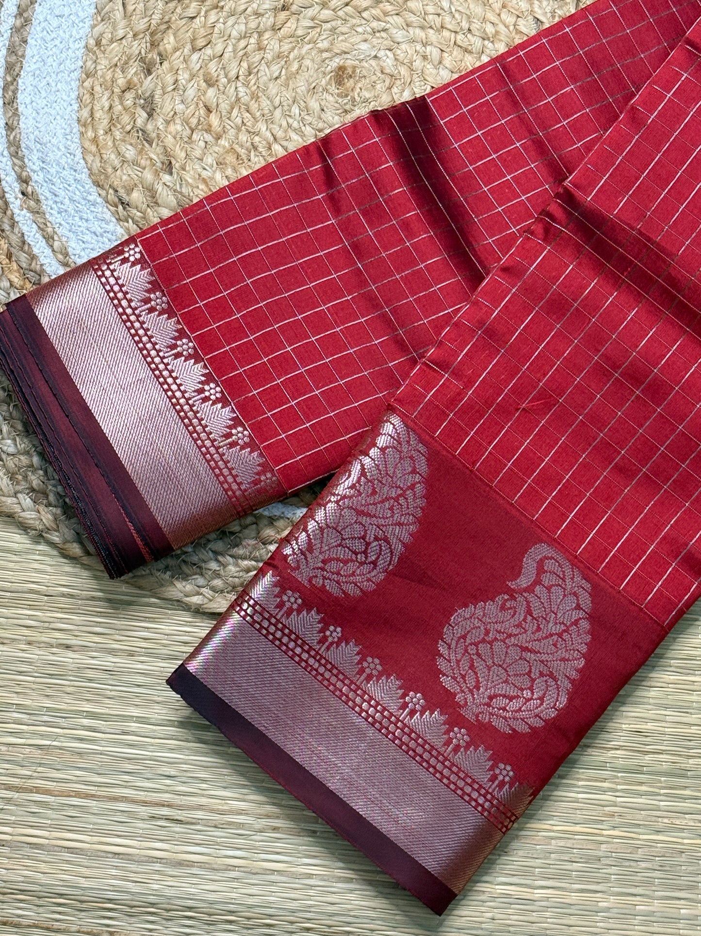 Semi Silk Saree – Deep Red with Silver Zari Peacock Motifs