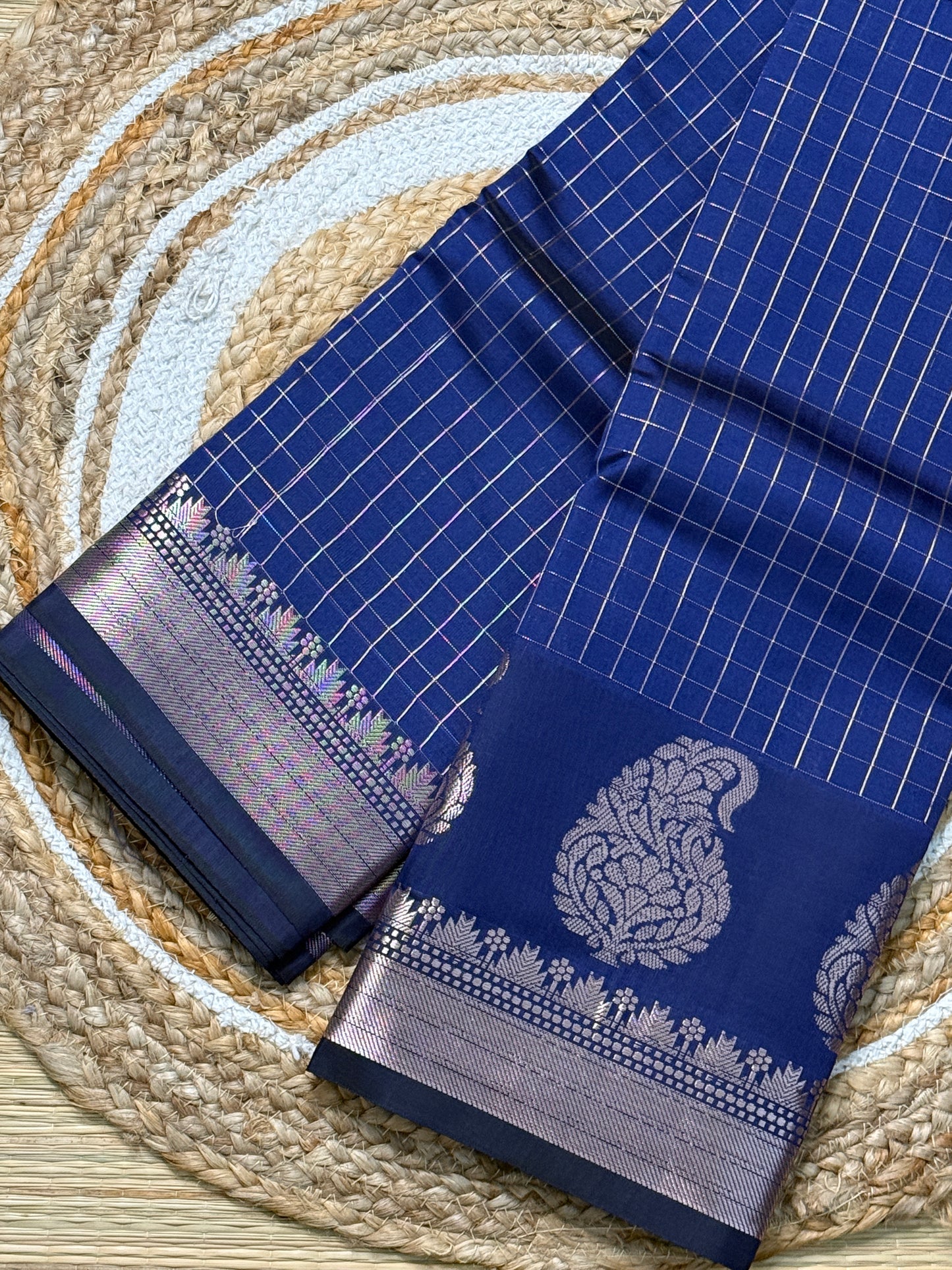 Soft Silk Saree – Navy Blue with Silver Zari Peacock Motifs