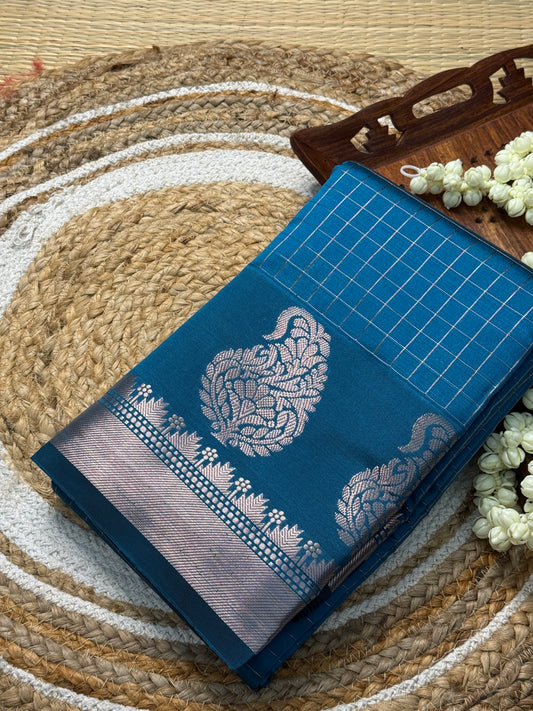 Semi Silk Saree – Teal Blue with Silver Zari Peacock Motifs