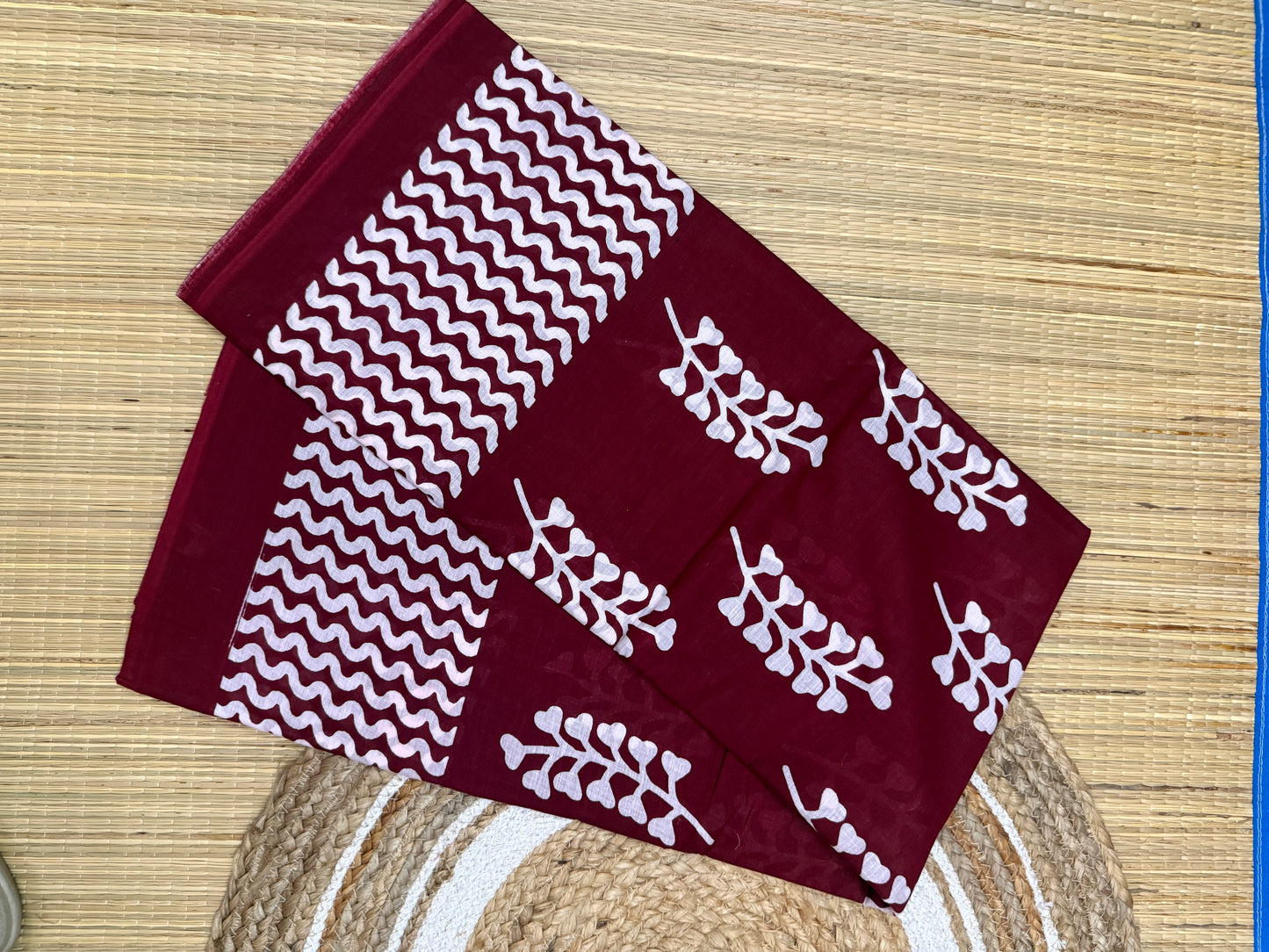 Pure Mul Cotton Hand Block Printed Maroon Saree with Chevron Pattern