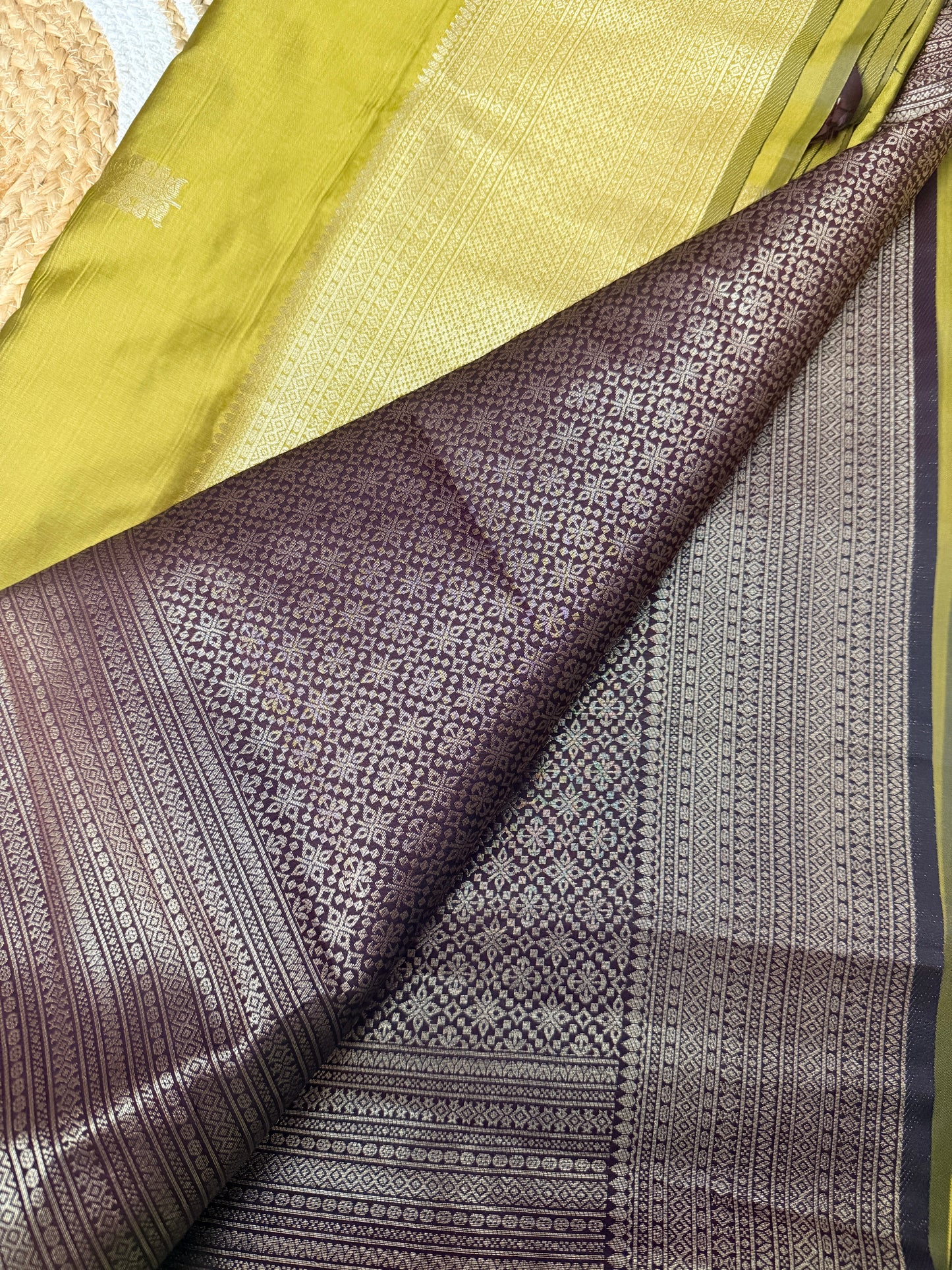 Olive Green Soft Silk Saree with Silver Zari Buttas & Wine Geometric Zari Pallu