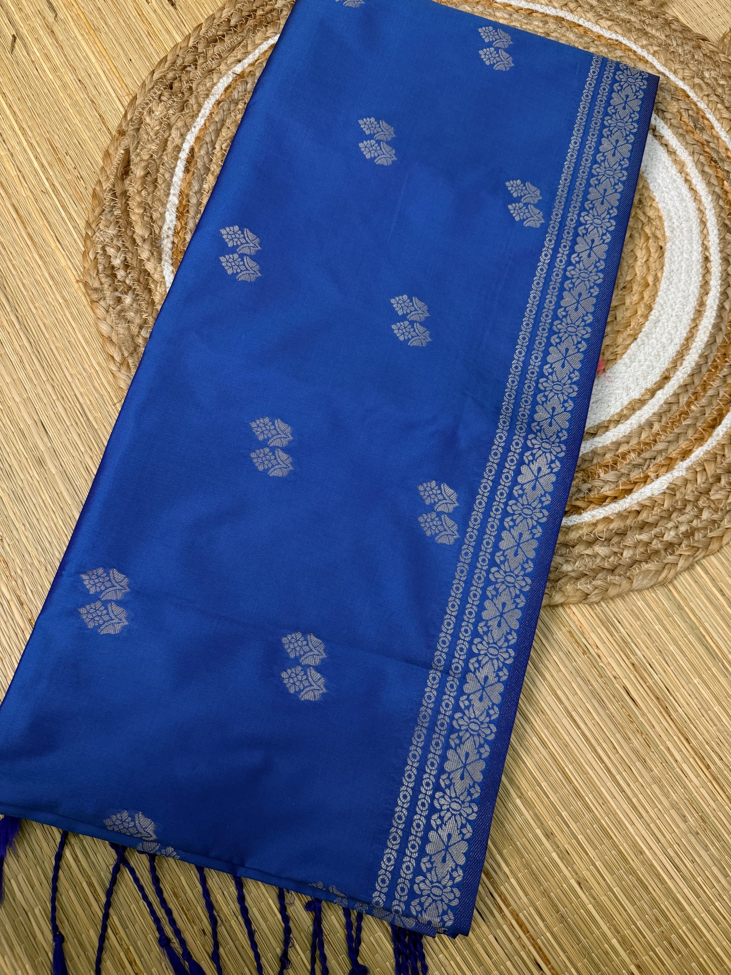 Royal Blue & Magenta Soft Silk Saree with Silver Zari Floral Buttas