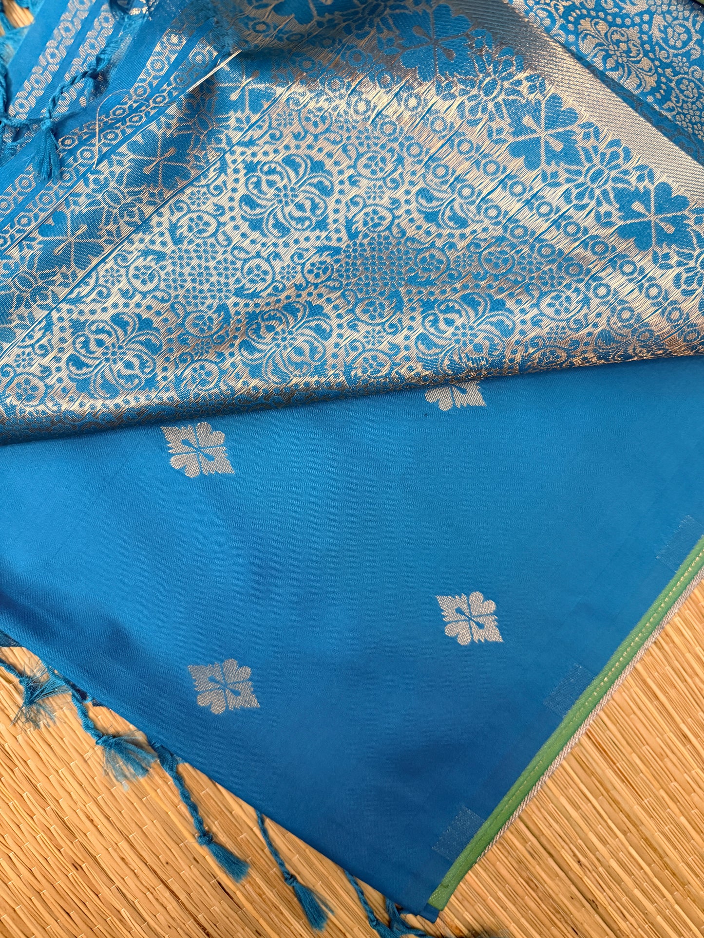 Parrot Green & Cerulean Blue Soft Silk Saree with Silver Zari Jaal Pallu