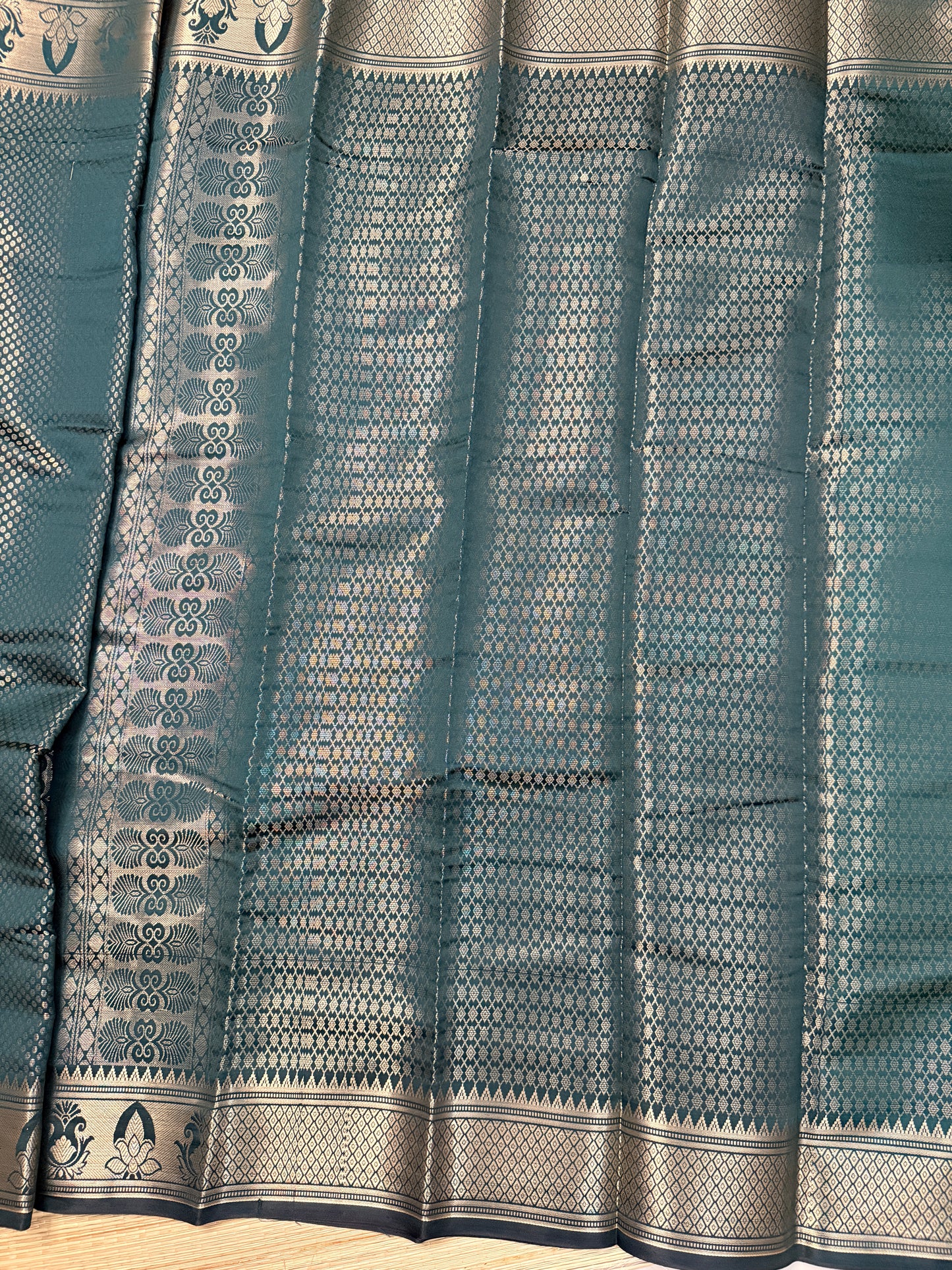 Teal & Black Semi Silk Saree with Silver Zari Jaal & Lotus Border SS101