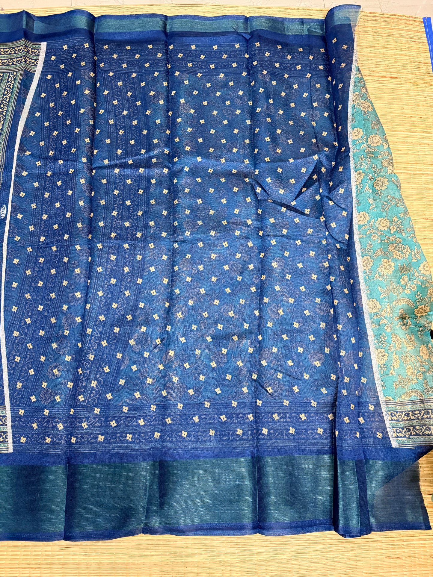 Navy Blue & Teal Linen Cotton Blend Saree with Floral Print Pallu FS01