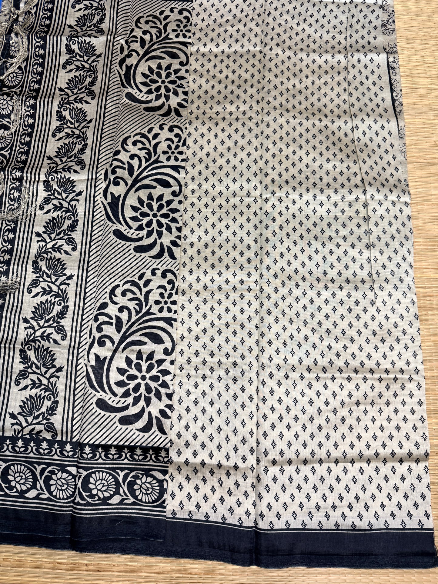 Cream & Black Dola Silk Saree with Botanical Leaf Print & Paisley Pallu FS06