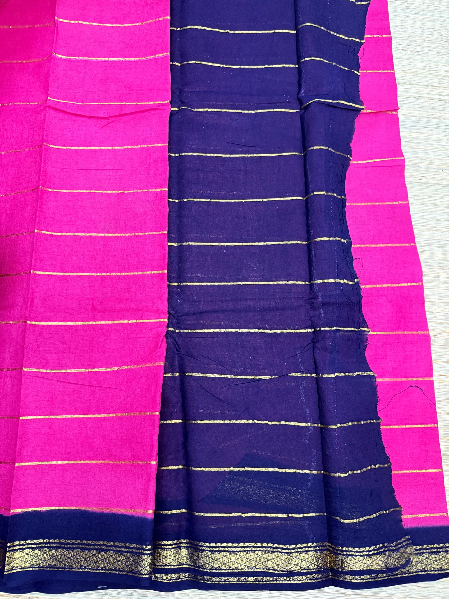 Hot Pink & Navy Sungudi Cotton Saree with Gold Zari Stripes