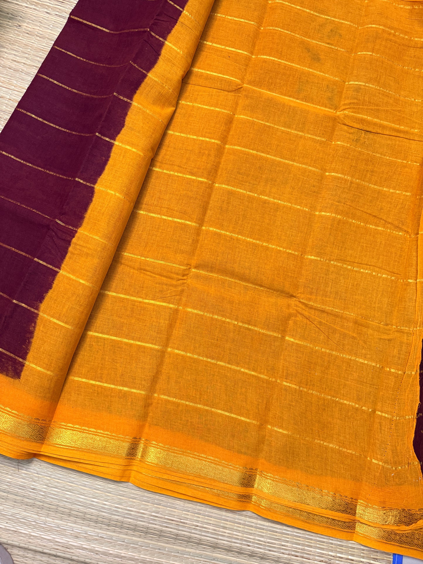 Wine & Mustard Cotton Saree with Gold Zari Stripes & Border
