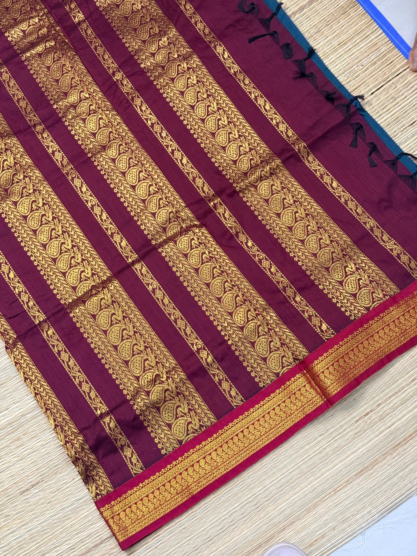 Kalyani Cotton Saree – Wine & Teal with Gold Zari
