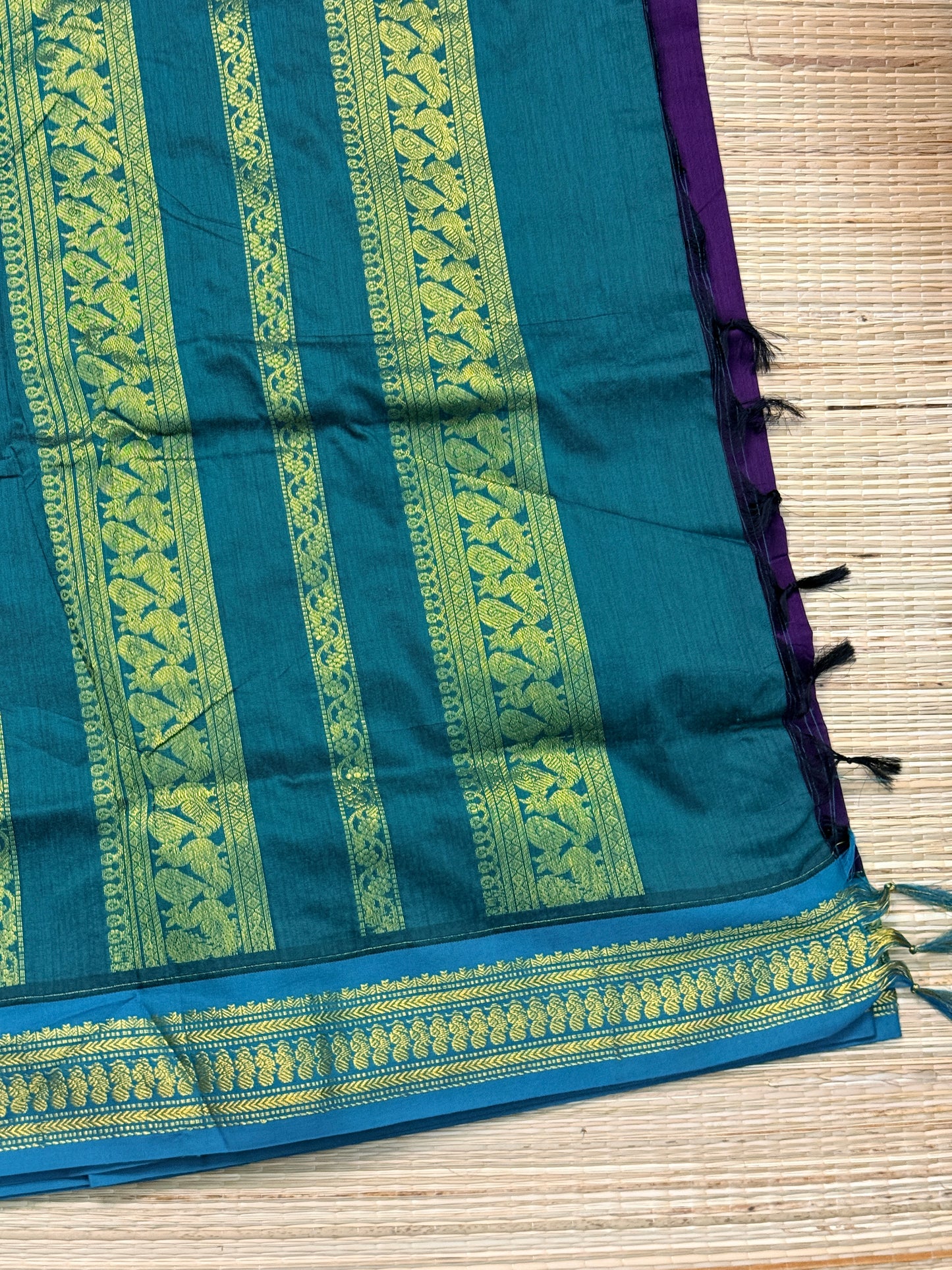 Kalyani Cotton Saree – Purple & Teal with Gold Buttas