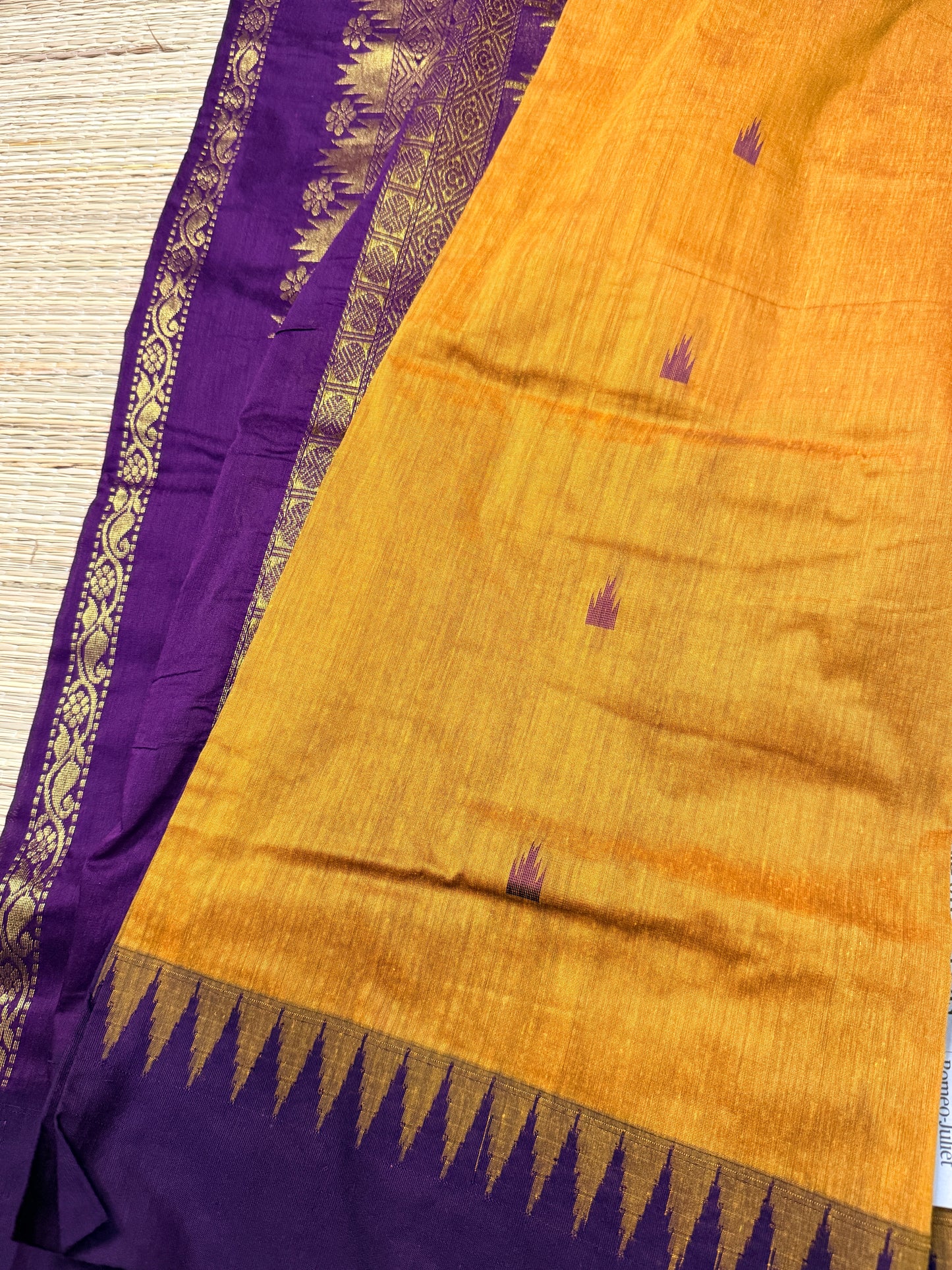Mustard & Purple Kalyani Cotton Saree with Temple Butta & Gold Zari Pallu