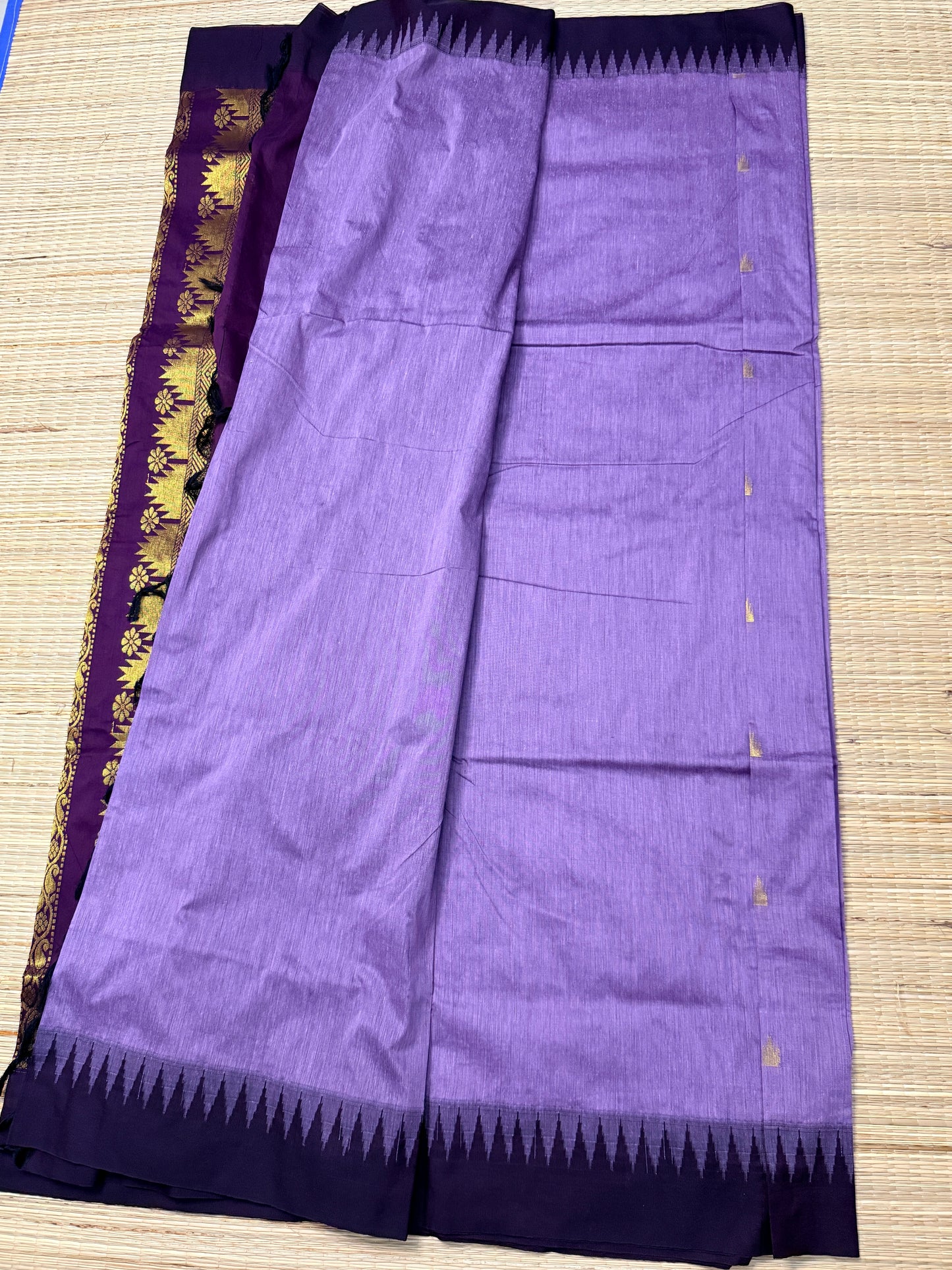Lavender & Deep Purple Kalyani Cotton Saree with Temple Butta & Gold Zari Pallu