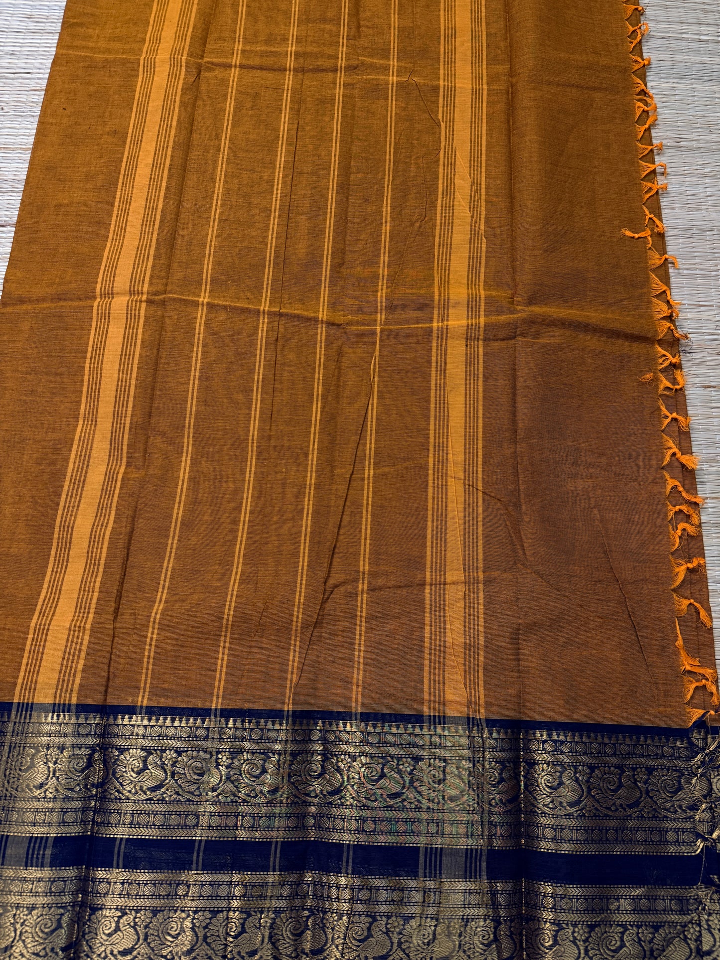 Mustard Kanchi Cotton Chettinadu Saree with Navy Zari Border