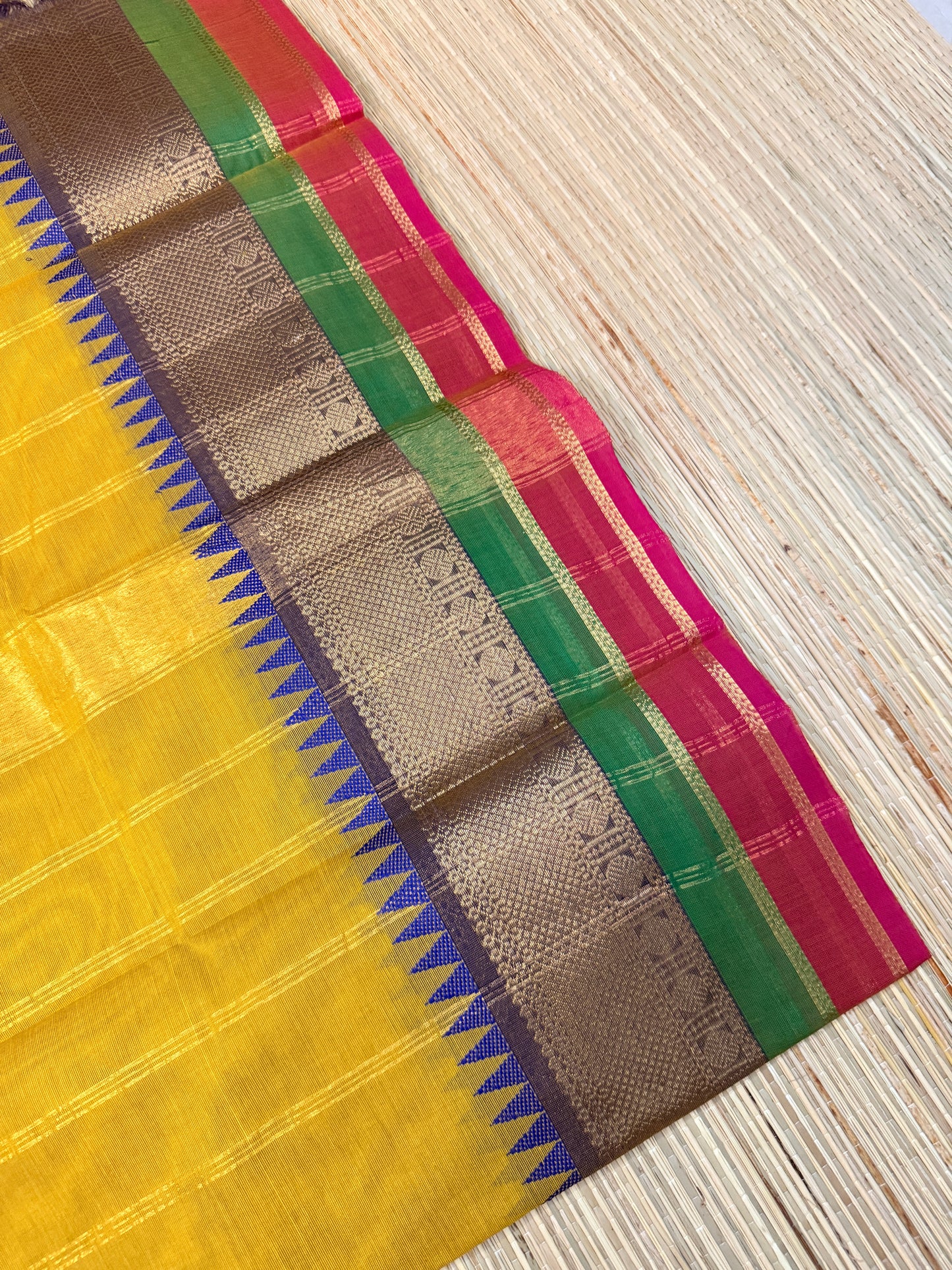 Yellow Kanchi Cotton Saree with Multicolour Zari Border