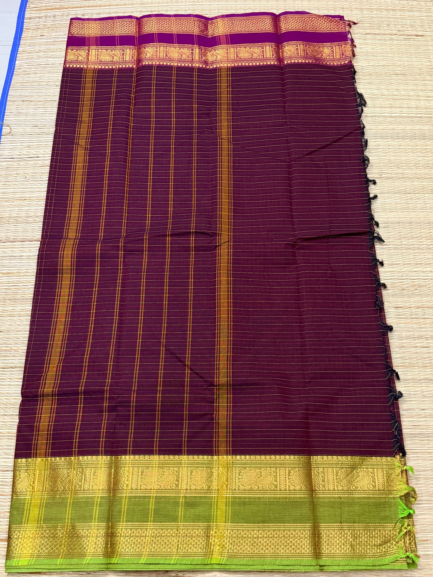 Wine Kanchi Cotton Saree with Ganga Jamuna Zari Border