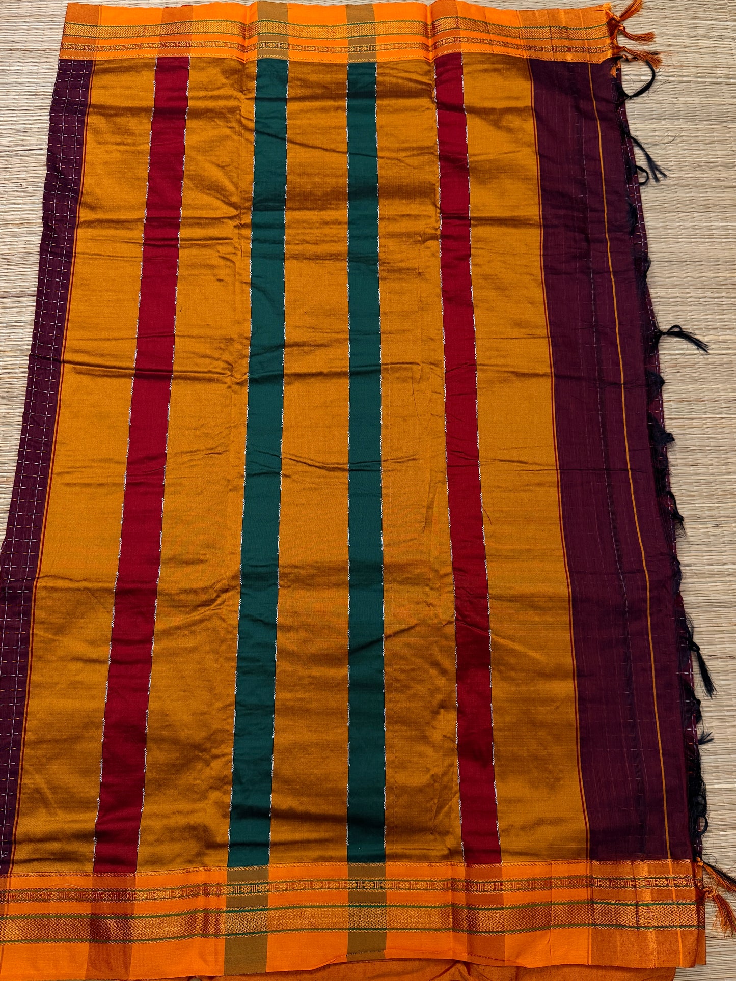 Wine Purple Kanchi Cotton Saree with All-Over Embroidery & Orange Zari Border