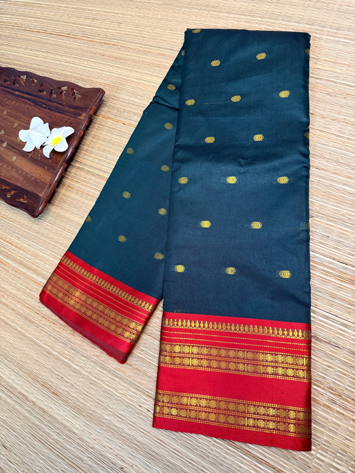 Semi Silk Saree – Deep Teal with Gold Zari Butta & Red Zari Border SS15