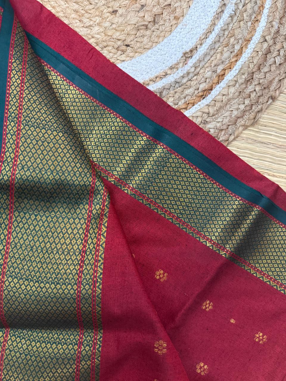 Reddish Maroon Mul Cotton Saree with Gold Buti and Woven Border