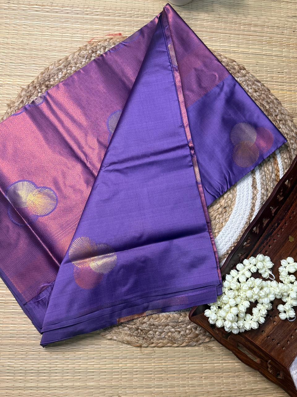 Purple Semi Kanjivaram Silk Saree with Silver Zari Peacock Motifs