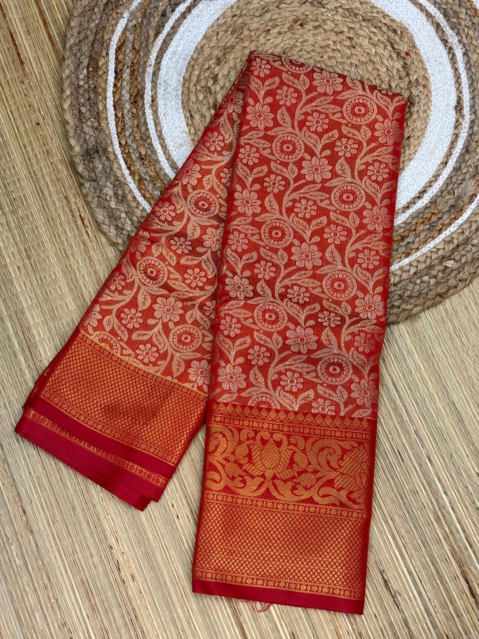 Red One Gram Replica Semi-Silk Saree with Gold Floral Zari Work
