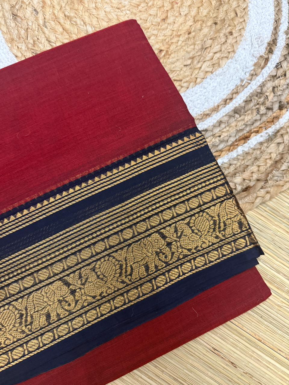 Maroon Kanchi Cotton Saree with Navy Blue Zari Border