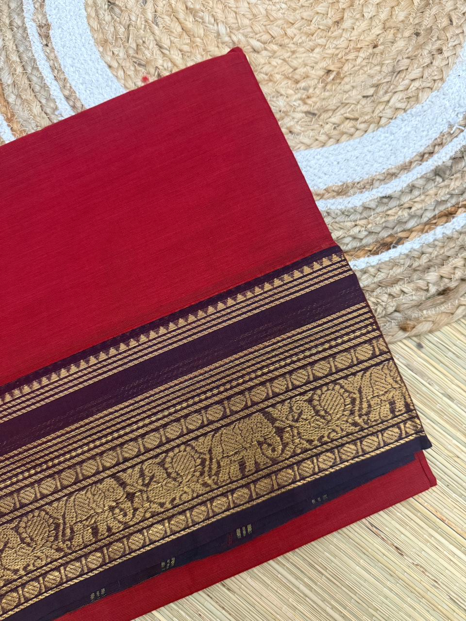 Red Kanchi Cotton Saree with Purple Zari Border