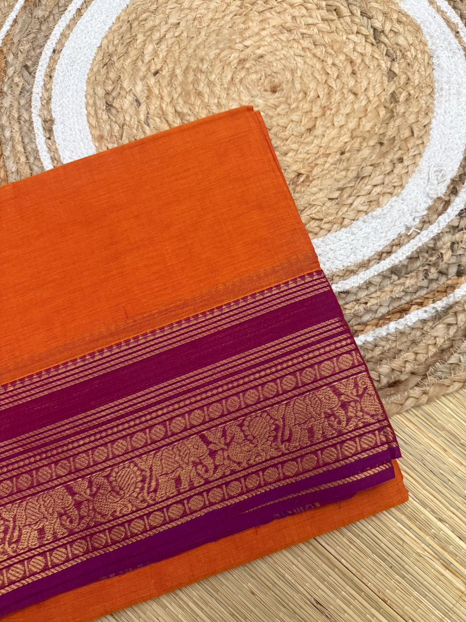 Orange Kanchi Cotton Saree with Magenta Zari Border