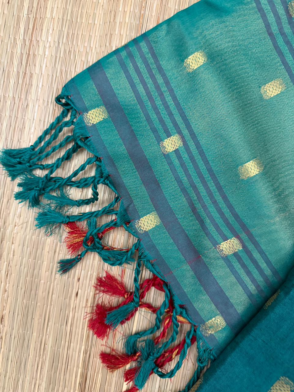 Teal Semi-Silk Saree with Gold Buti and Maroon Zari Border