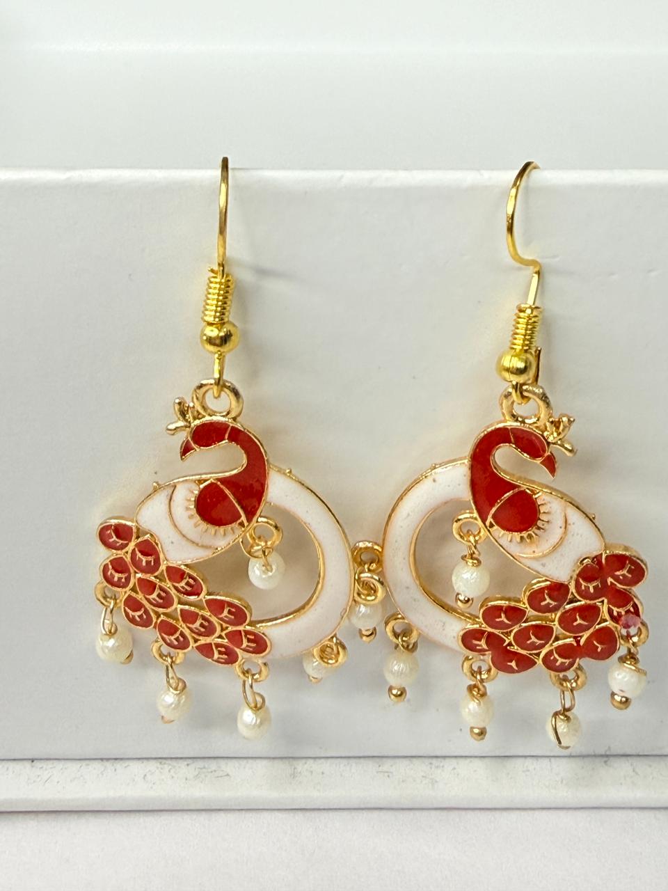 Red Peacock Meenakari Earrings with Pearl Drops