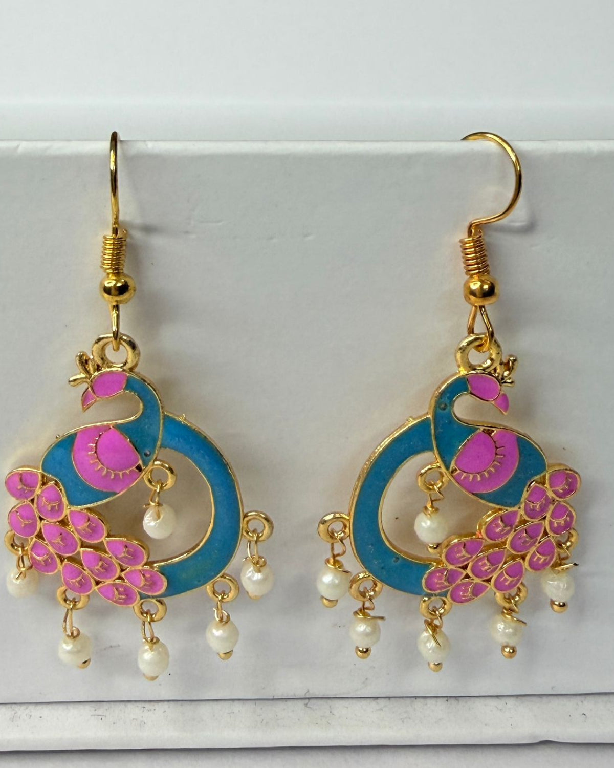 Blue Pink Peacock Meenakari Earrings with Pearl Drops