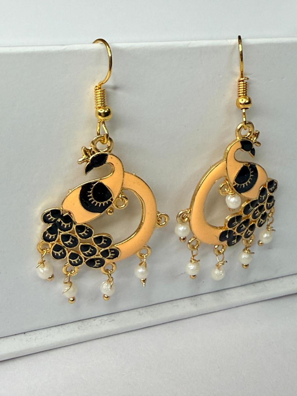 Peach Peacock Meenakari Earrings with Black Enamel and Pearl Drops