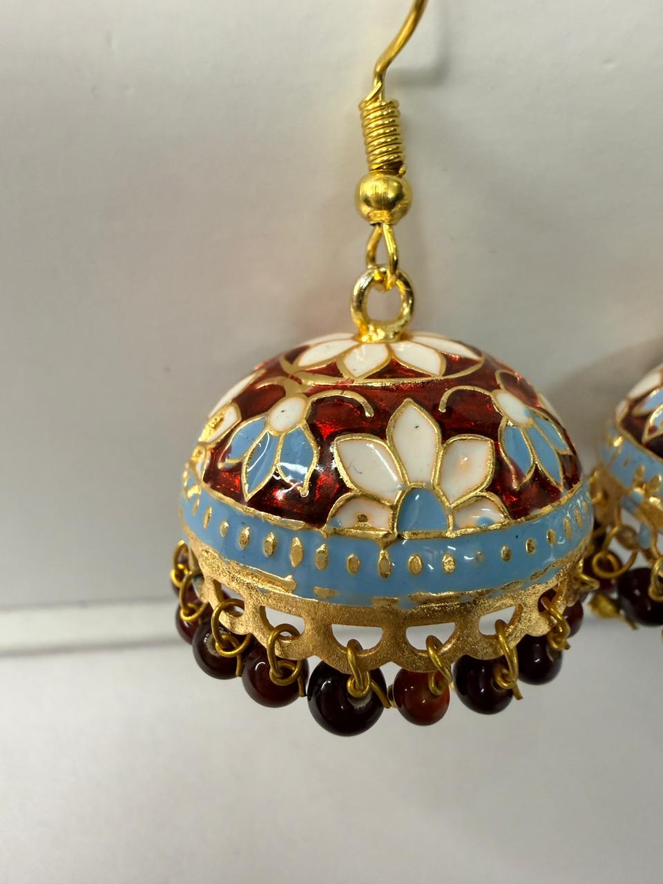 Multicolor Floral Meenakari Jhumka Earrings with Bead Drops