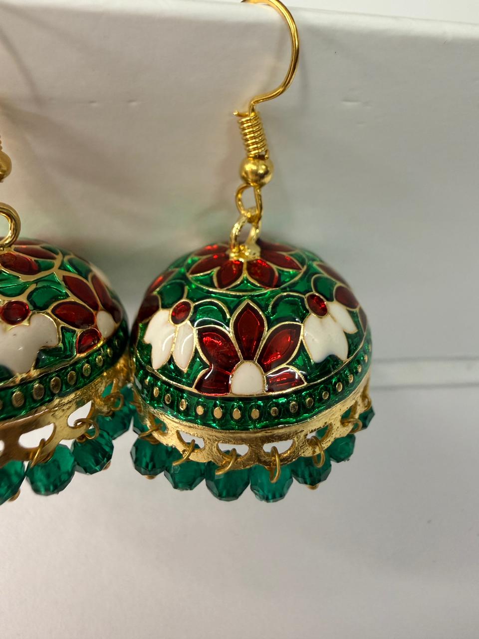 Green and Maroon Meenakari Jhumka Earrings with Bead Drops