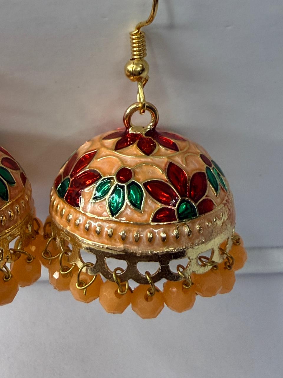 Peach Meenakari Jhumka Earrings with Floral Design