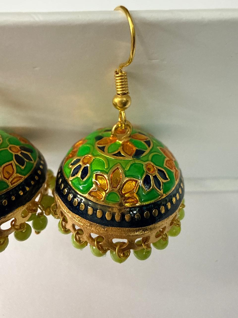 Green Meenakari Jhumka Earrings with Beads