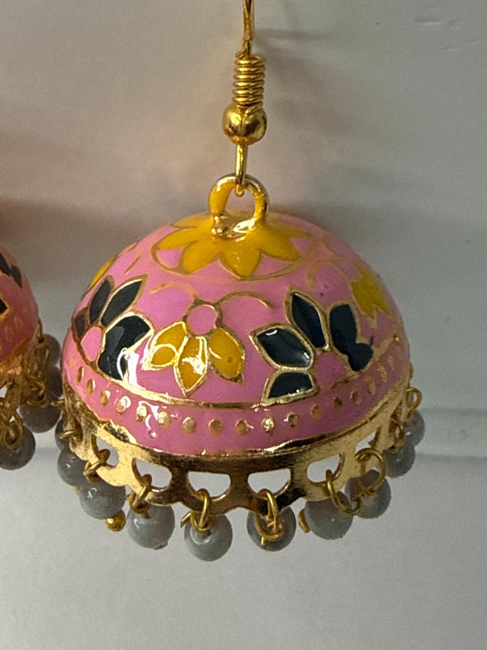Pink Yellow Meenakari Jhumka Earrings with Grey Beads