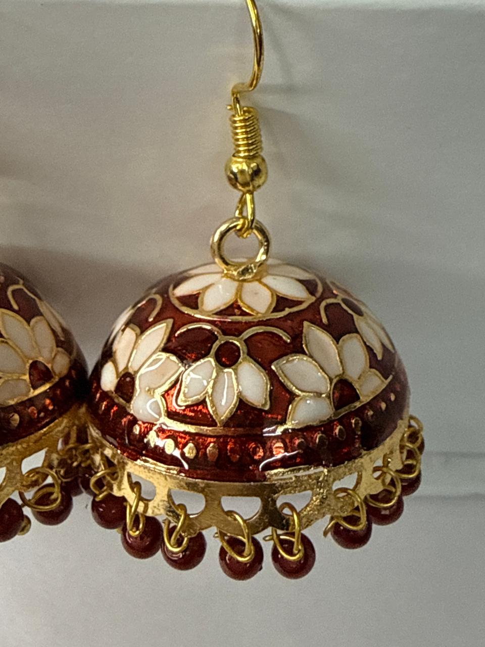 Maroon White Meenakari Jhumka Earrings