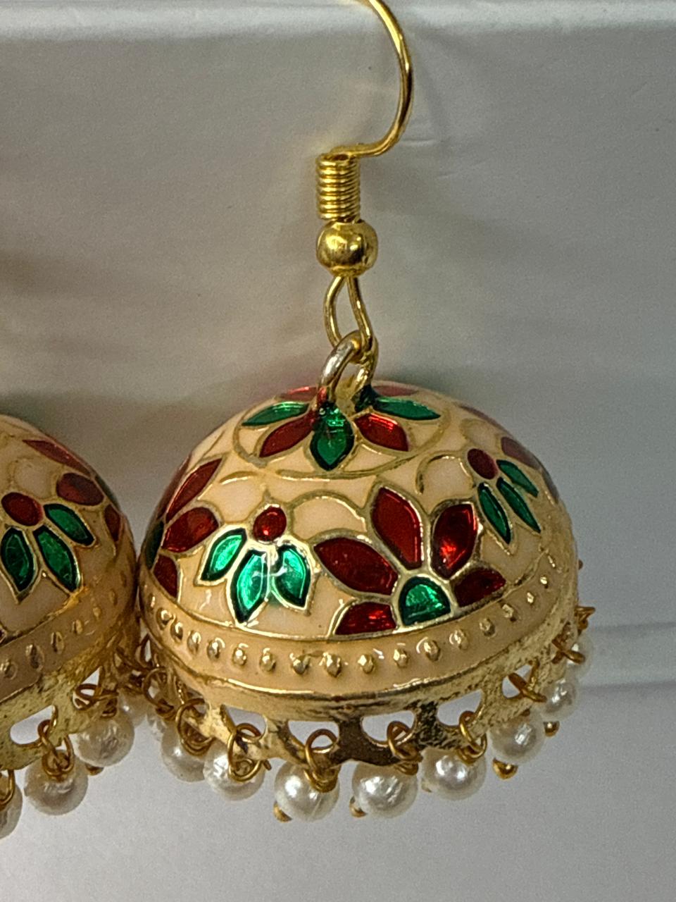 Gold Meenakari Jhumka Earrings with Pearl Dangles