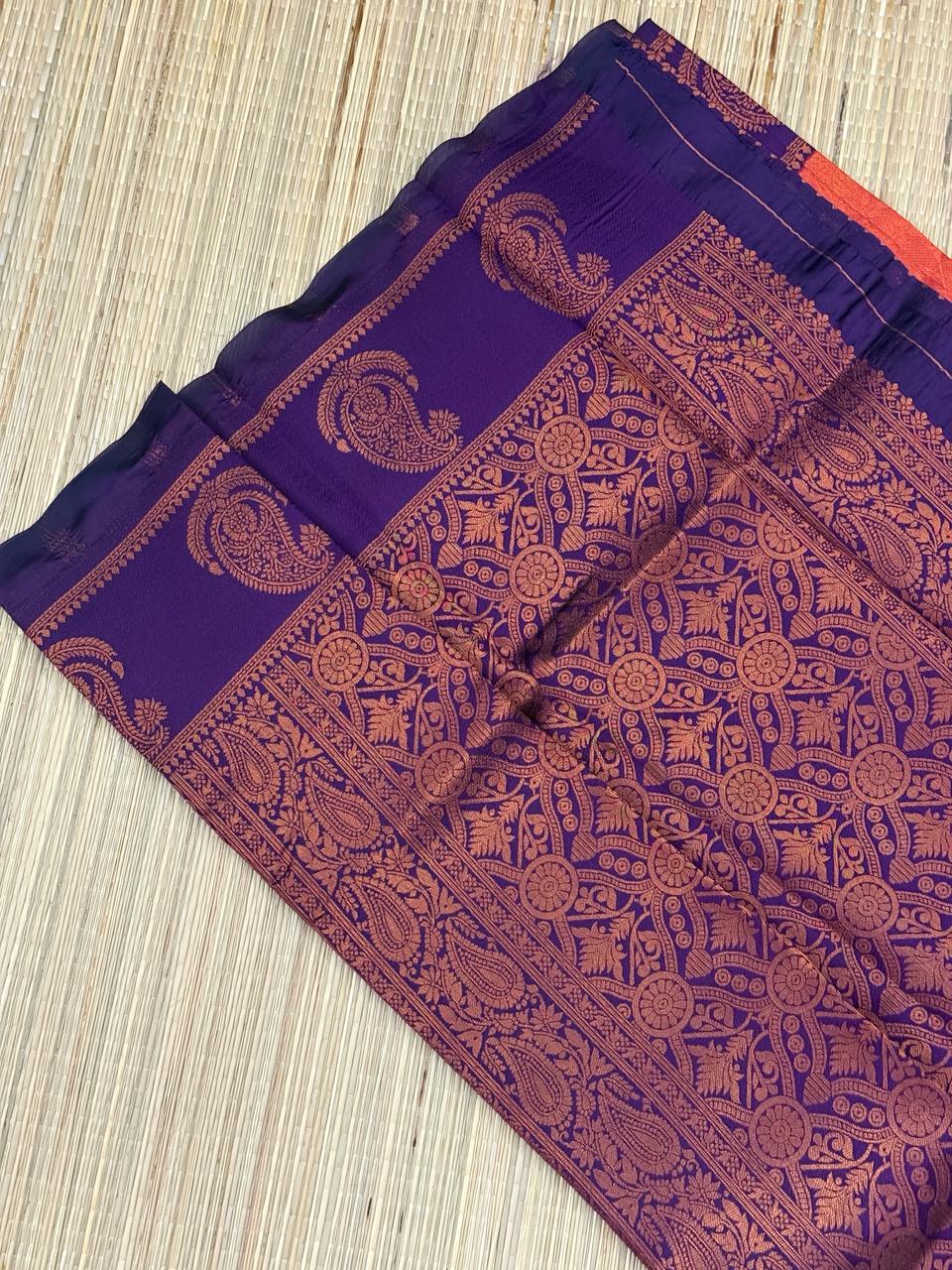 Orange Red Kanjivaram Silk Saree with Purple Zari Border