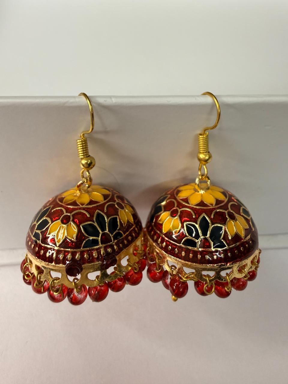 Yellow and Red Meenakari Jhumka Earrings with Floral Enamel Work