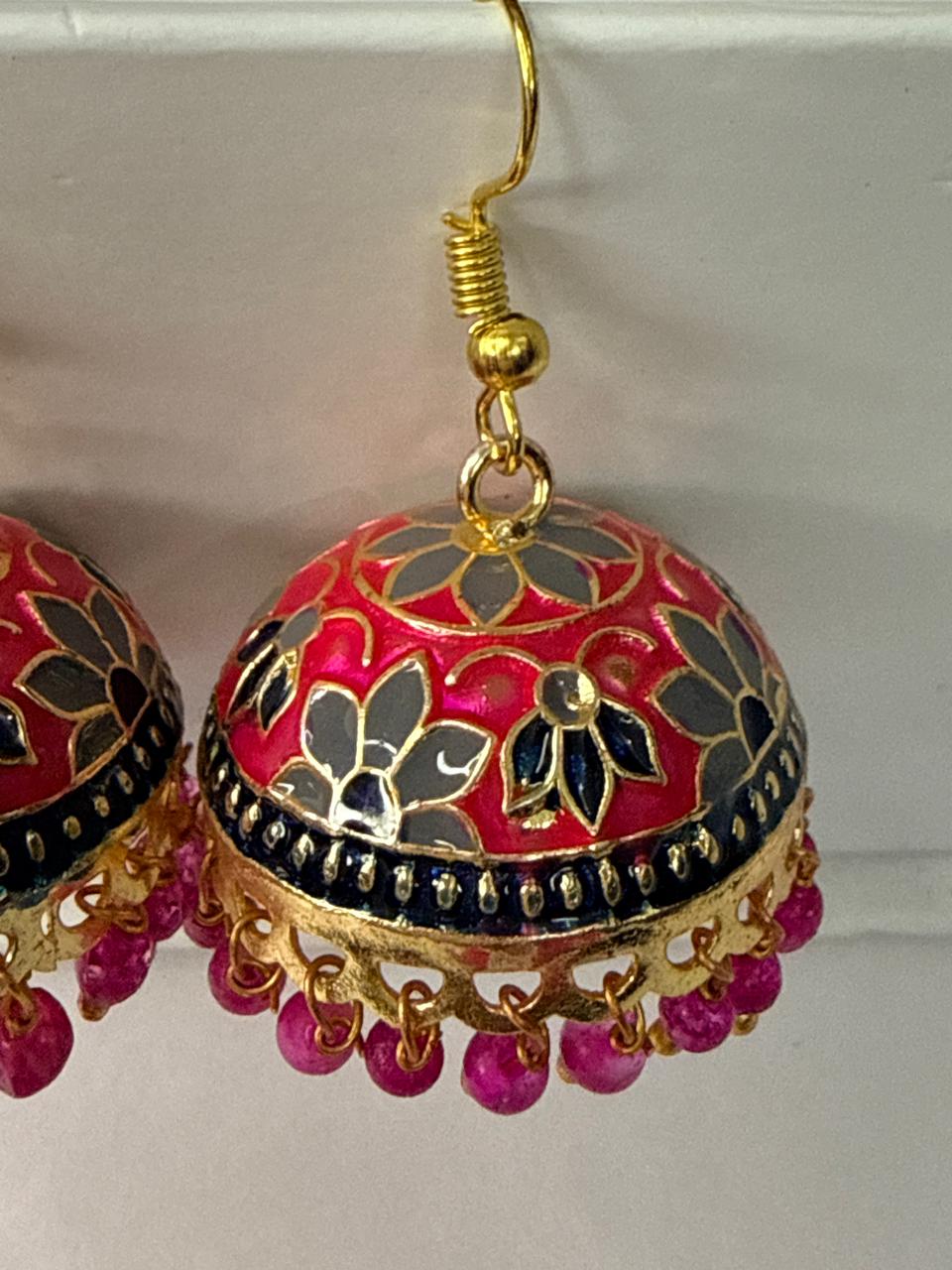 Pink Meenakari Jhumka Earrings with Ruby Beads